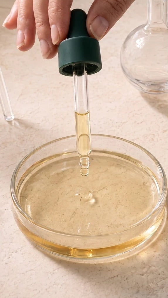Dropper releasing a pure essential oil into a glass dish