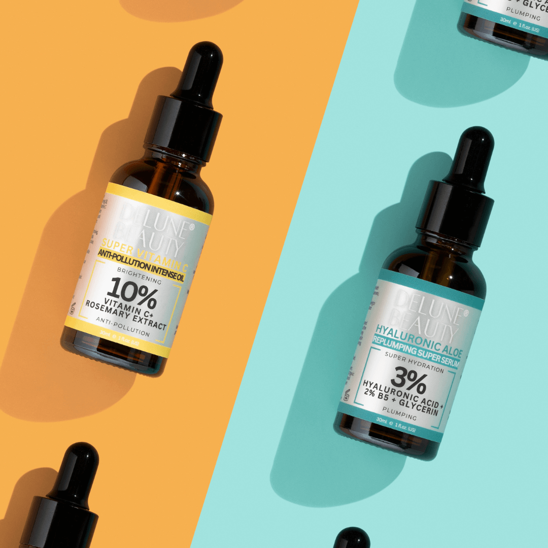 سيروما Hyaluronic Aloe B5 وSuper Vitamin C من ديلون على خلفية مقسومة بالبرتقالي والنعناعي